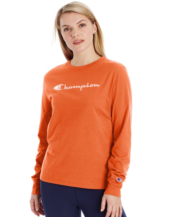 Champion Womens T-Shirt NZ - Classic Long-Sleeve Script Logo Orange ( 9128-PGMEW )